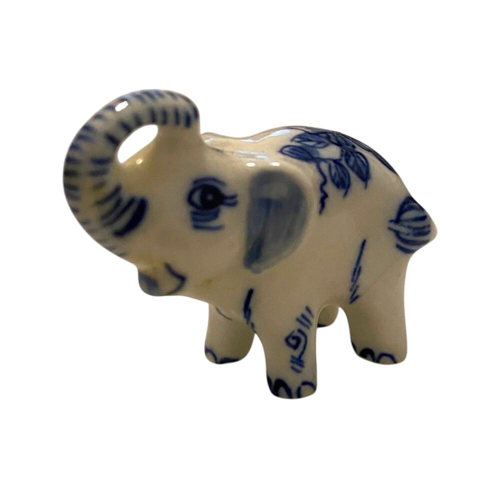 Miniature 1.5" Tall Trunk Up Porcelain Elephant Blue/White Figurine Hand-Painted
